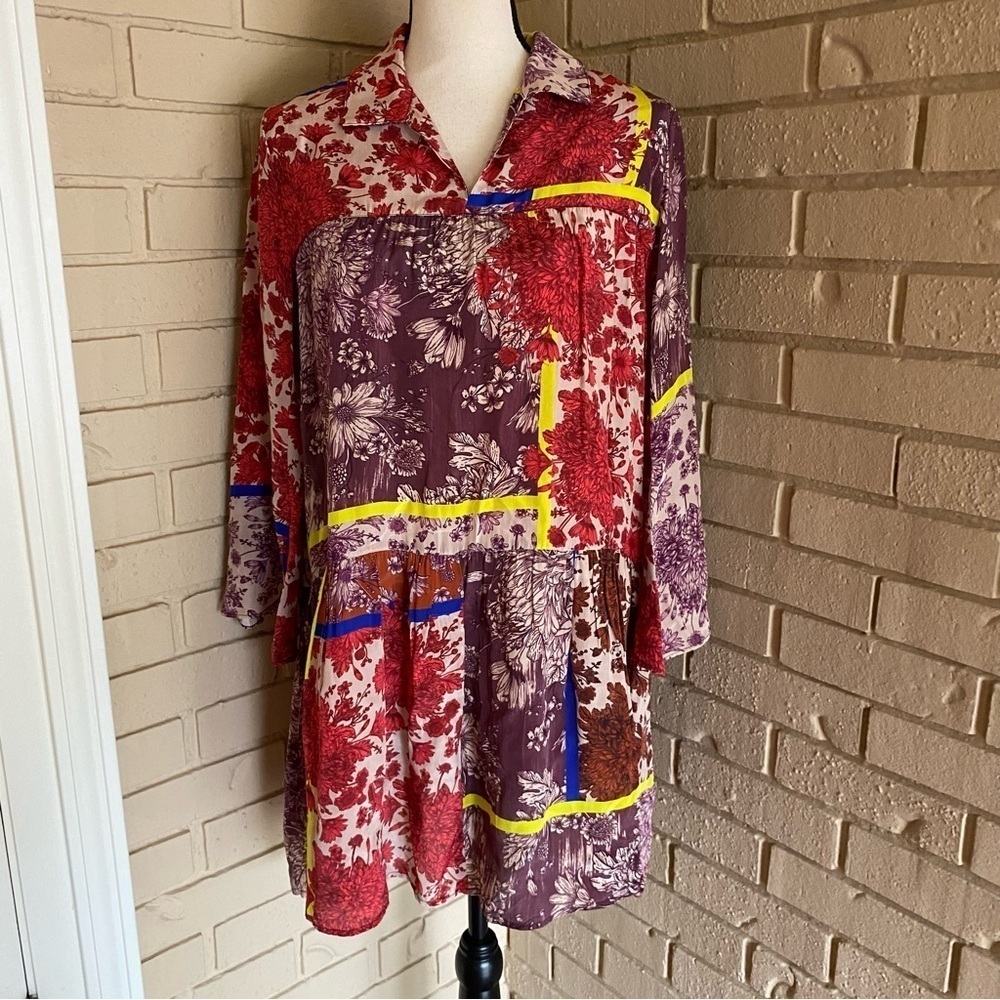 Dhruv Kapoor Anthropologie Dress Womens XSP Floral Tiered Oversize Pleats V-Neck